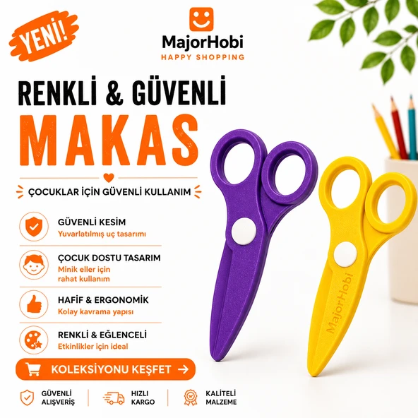 Çocuk Kağıt Makası 2’li Set – Güvenli Uçlu Renkli Makas - Mor & Sarı ürün görseli 1