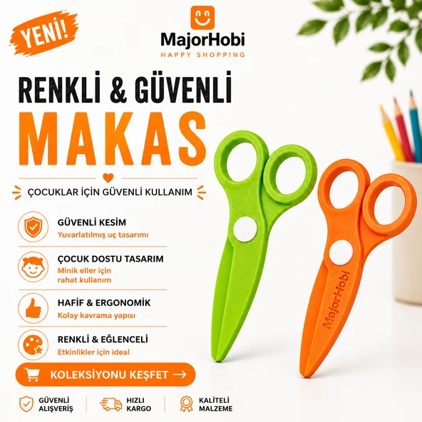 Çocuk Kağıt Makası 2’li Set – Güvenli Uçlu Renkli Makas - Yeşil & Turuncu ürün görseli 1