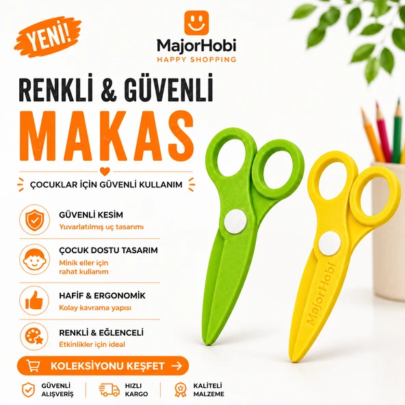 Çocuk Kağıt Makası 2’li Set – Güvenli Uçlu Renkli Makas - Yeşil & Sarı ürün görseli 1