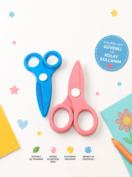 Çocuk Kağıt Makası 2’li Set – Güvenli Uçlu Renkli Makas - Mavi & Pembe ürün görseli 1