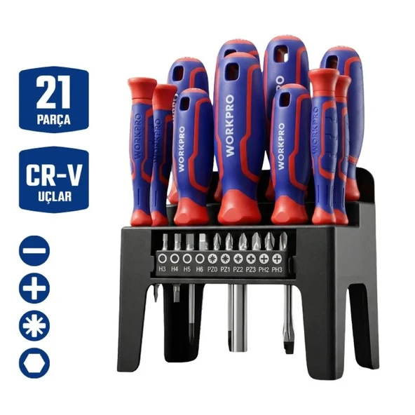 Workpro Wp200551 21 Parça Cr-V Duvar Askı Aparatlı Profesyonel Manyetik Tornavida Seti ürün görseli 1