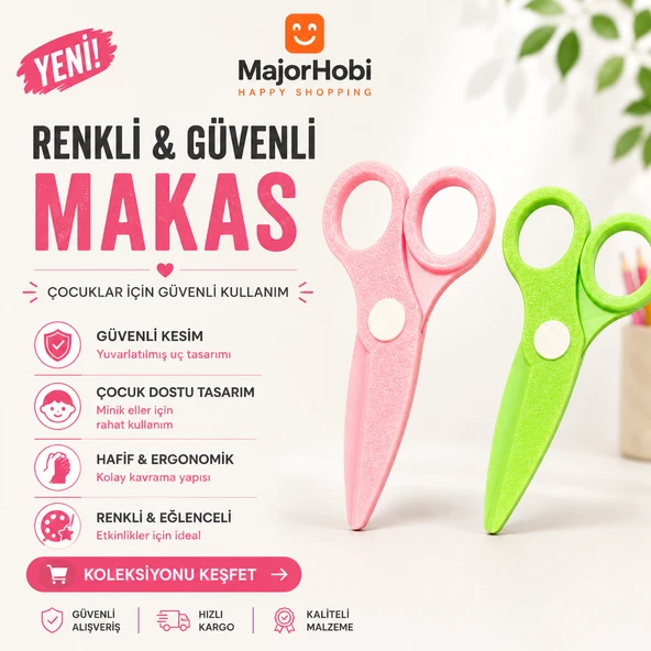 Çocuk Kağıt Makası 2’li Set – Güvenli Uçlu Renkli Makas - Yeşil & Pembe ürün görseli 1