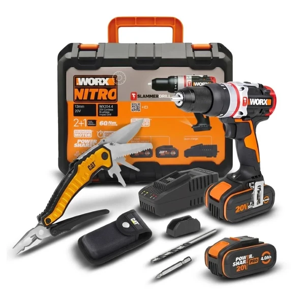 Worx Wx354.4Ck 20Volt/4.0Ah Li-Ion Çift Akülü Kömürsüz Profesyonel Şarjlı Darbeli Matkap + Da980045 9 Çok Fonksiyonlu 27Cm Çelik Kamp Çakısı ürün görseli 1