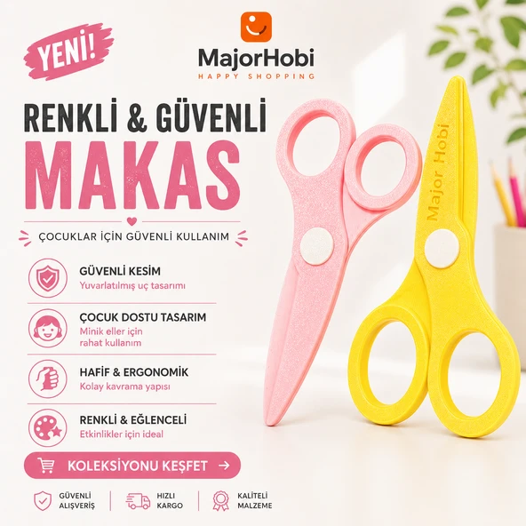 Çocuk Kağıt Makası 2’li Set – Güvenli Uçlu Renkli Makas - Sarı & Pembe ürün görseli 1