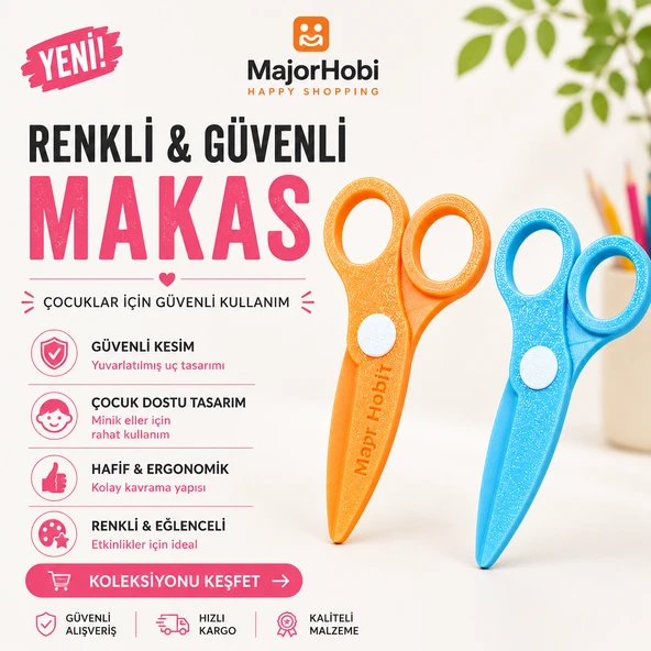 Çocuk Kağıt Makası 2’li Set – Güvenli Uçlu Renkli Makas - Turuncu & Mavi ürün görseli 1