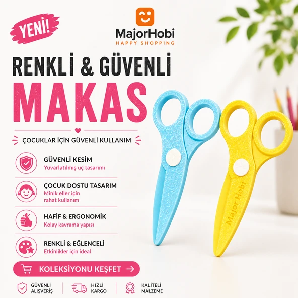 Çocuk Kağıt Makası 2’li Set – Güvenli Uçlu Renkli Makas - Sarı & Mavi ürün görseli 1