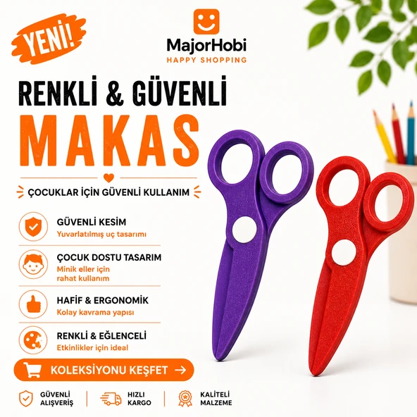 Çocuk Kağıt Makası 2’li Set – Güvenli Uçlu Renkli Makas - Mor & Kırmızı ürün görseli 1