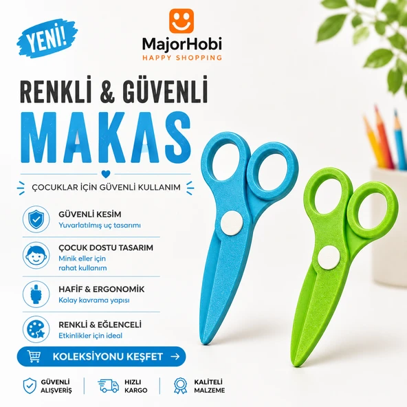 Çocuk Kağıt Makası 2’li Set – Güvenli Uçlu Renkli Makas - Mavi & Yeşil ürün görseli 1