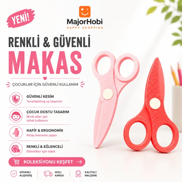 Çocuk Kağıt Makası 2’li Set – Güvenli Uçlu Renkli Makas - Kırmızı & Pembe ürün görseli 1