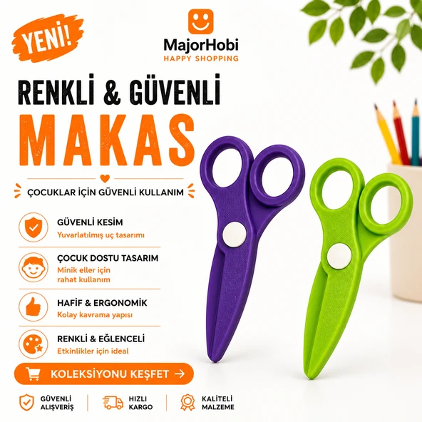 Çocuk Kağıt Makası 2’li Set – Güvenli Uçlu Renkli Makas - Mor & Yeşil ürün görseli 1