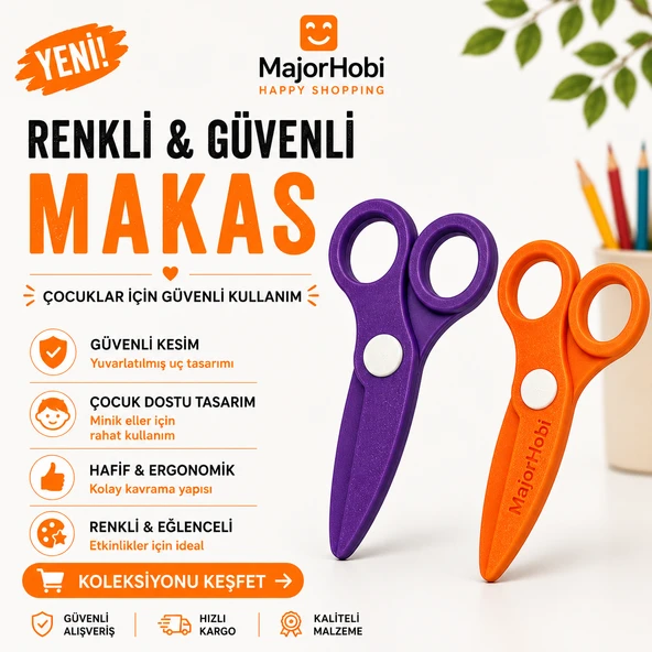 Çocuk Kağıt Makası 2’li Set – Güvenli Uçlu Renkli Makas - Mor & Turuncu ürün görseli 1