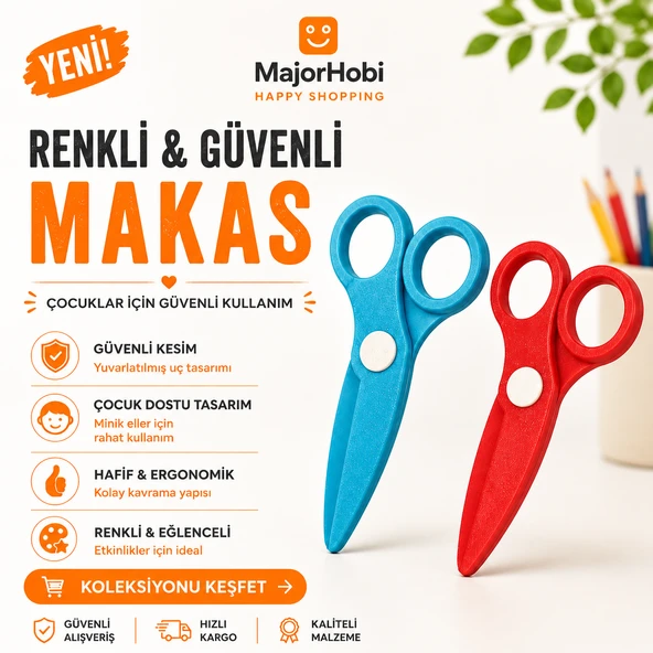 Çocuk Kağıt Makası 2’li Set – Güvenli Uçlu Renkli Makas - Kırmızı & Mavi ürün görseli 1