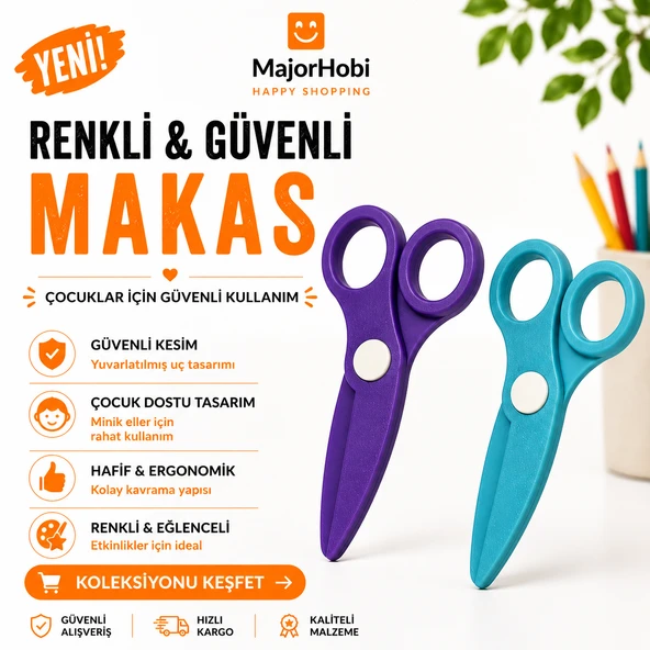 Çocuk Kağıt Makası 2’li Set – Güvenli Uçlu Renkli Makas - Mavi & Mor ürün görseli 1