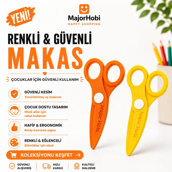 Çocuk Kağıt Makası 2’li Set – Güvenli Uçlu Renkli Makas - Sarı & Turuncu ürün görseli 1