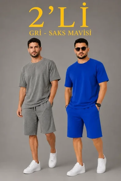 Erkek 2’li Oversize Tişört Şort Takım Seti Yazlık İki İplik Kumaş - Gri, Saks Mavisi ürün görseli 1