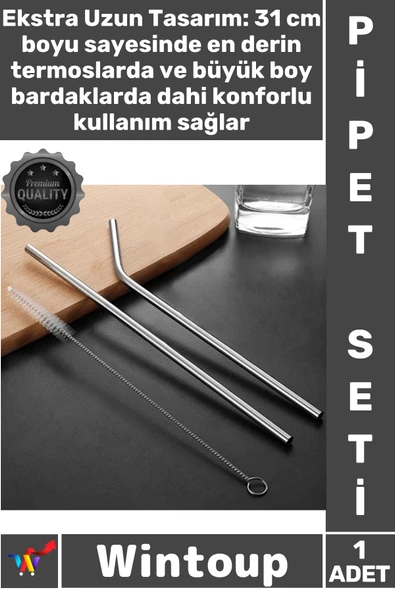 #PipetSeti Termos Uyumlu 31 cm Ekstra Uzun Paslanmaz Çelik Pipet Seti – 3 Parça Eğri + Düz + Fırça ürün görseli 1