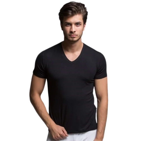 Bambu Erkek T-Shirt - V Yaka - Siyah ürün görseli 1