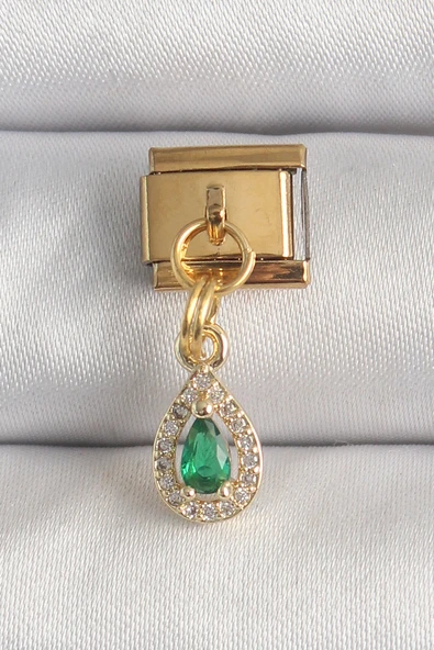 316L Çelik Gold Renk Sallantı Damla Yeşil Zirkon Taşlı Nomination Charm ürün görseli 1