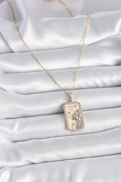 316L Çelik Gold Renk Zincir Başak Burcu Zirkon Taşlı Kadın Kolye ürün görseli 1