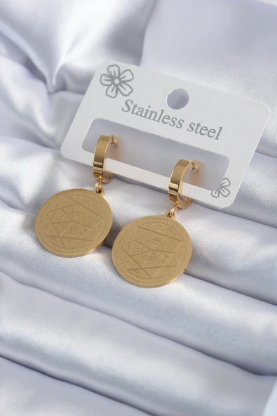 316L Çelik Gold Renk Pentagram Yıldızı İşleme Model Kadın Küpe ürün görseli 1