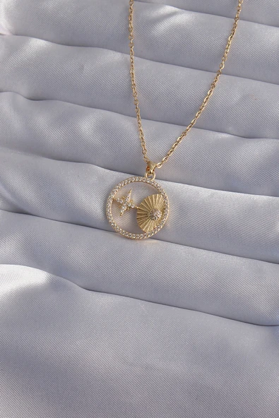 316L Çelik Zincir Gold Renk Zirkon Taşlı Yıldız Figürlü Oval Kolye ürün görseli 1