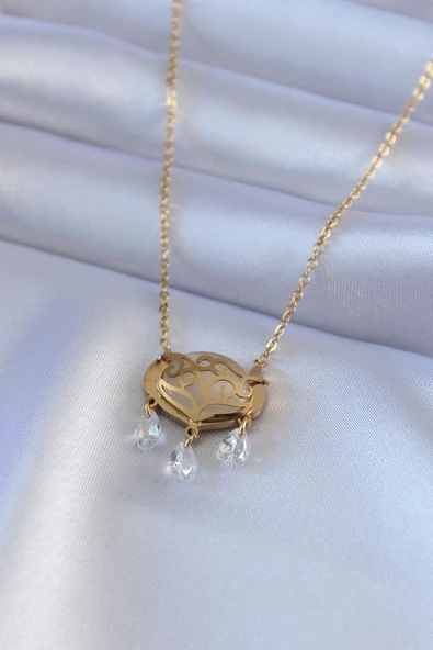 316L Çelik Gold Renk Lotus Model Zirkon Taşlı Kadın Kolye ürün görseli 1