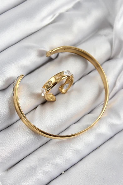 Pirinç Zirkon Taşlı Ayrık Model Gold Renk Bileklik Yüzük Set ürün görseli 1