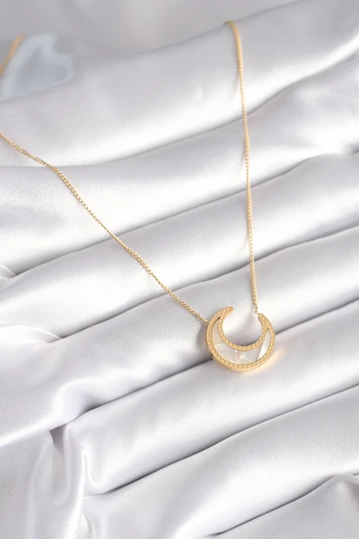 316L Çelik Gold Renk Beyaz Sedefli Hilal Model Kadın Kolye ürün görseli 1