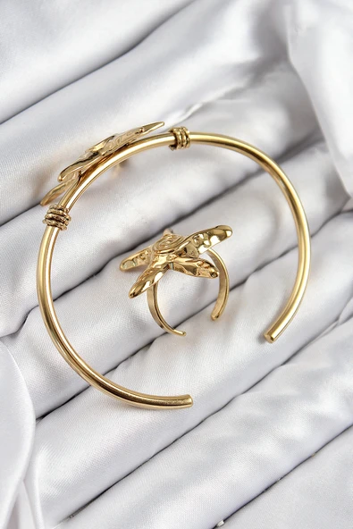 Pirinç Deniz Yıldızı Model Gold Renk Bileklik Yüzük Set ürün görseli 1