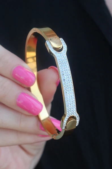 316L Çelik Gold Renk Zirkon Taşlı Kadın Kelepçe ürün görseli 1