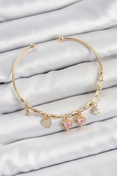 Pirinç Zirkon Taşlı Pembe Kalp Model Gold Renk Charm Bileklik ürün görseli 1