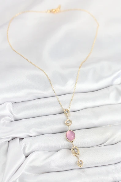 Pirinç Zincir Pembe Gold Renk Zirkon Taşlı Y Kolye ürün görseli 1