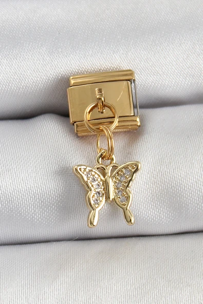 316L Çelik Sallantılı Zirkon Taşlı Kelebek Model Gold Renk Nomination Charm ürün görseli 1