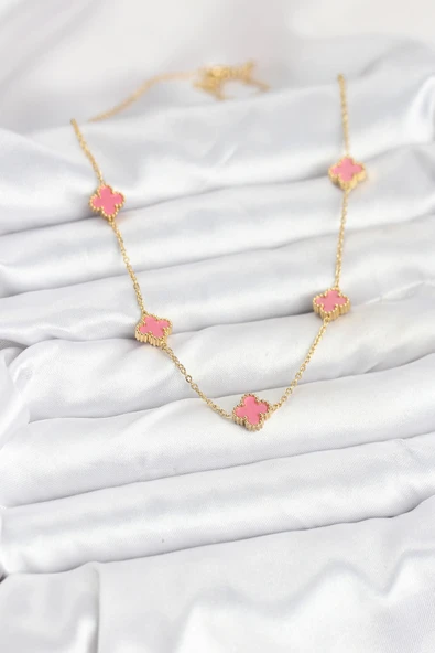 316L Çelik Zincir Gold Renk Pembe Baby Boy Yonca Kadın Kolye ürün görseli 1