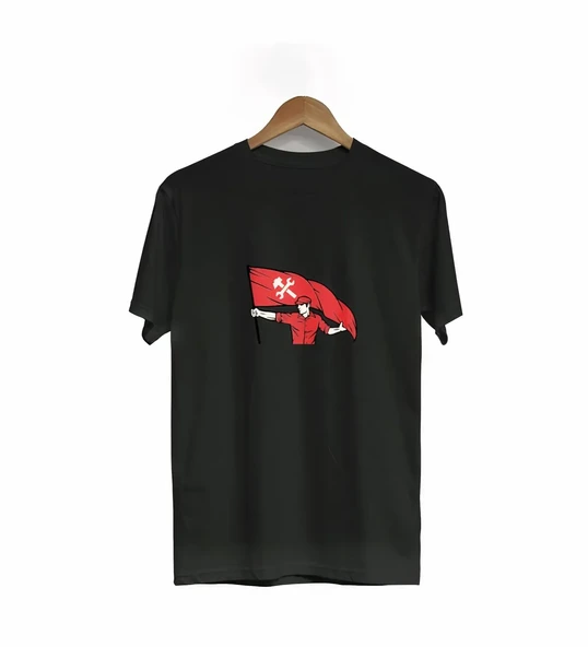 1 Mayıs Emek Ve Dayanışma Bayraklı Emekçi Baskılı Bisiklet Yaka T-shirt - Siyah ürün görseli 1