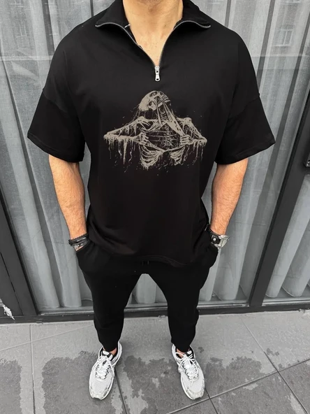 Unisex Yarım Fermuarlı Baskılı Oversize T-shirt - Siyah ürün görseli 1