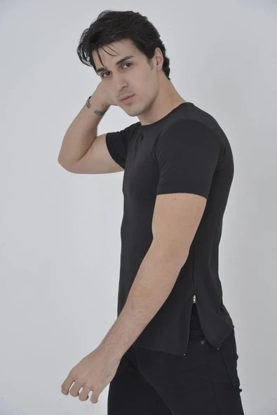 Erkek Yanlardan Fermuarlı T-shirt Kısa Kol Bisiklet Yaka Slimfit Tişört   - Siyah ürün görseli 1