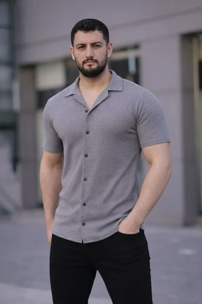 Erkek Waffle Kumaş Kısa Kollu Düğmeli Açık Yaka Regular Fit Gömlek - Gri ürün görseli 1