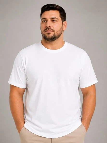 Erkek Battal Big Size Basic Tişört Bisiklet Yaka Rahat Kalıp T-shirt - Beyaz ürün görseli 1