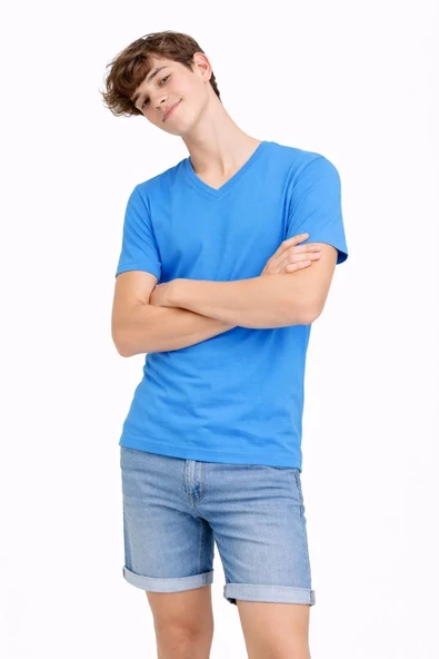 Genç Erkek Çocuk V Yaka Tişört Yazlık Model Günlük Basic Body - Açık Mavi ürün görseli 1