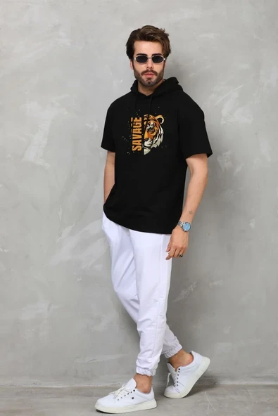 Unisex Kapşonlu Kısa Kol Oversize Baskılı T-shirt - Siyah ürün görseli 1