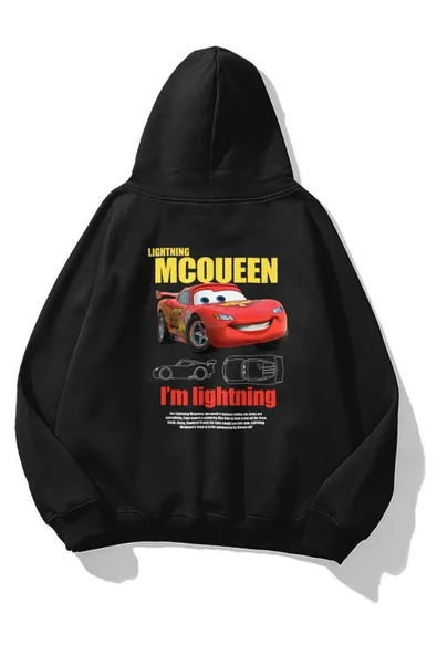 Sevgililer Günü Araba Baskılı Oversize Kapüşonlu Sweatshirt Hoodie - Siyah ürün görseli 1