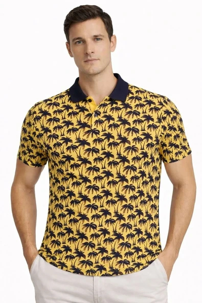 Erkek Pike Kumaş Polo Yaka Palmiye Desenli Tişört Kısa Kol Yazlık T-shirt - Sarı ürün görseli 1