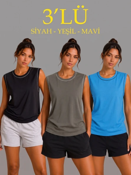 Kadın 3’lü Kolsuz Sporcu Atlet Seti Yazlık Bisiklet Yaka - Siyah, Haki, Mavi ürün görseli 1