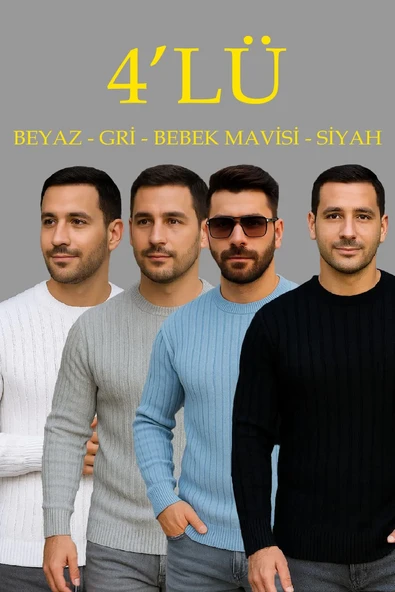 Erkek Fitilli Triko Bisiklet Yaka Kalın Kazak 4'lü Set Beyaz-bebek Mavisi-gri-siyah ürün görseli 1