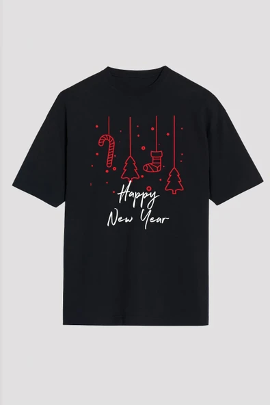 Yılbaşı Happy New Year Baskılı Kısa Kollu Oversize Bisiklet Yaka T-shirt - Siyah ürün görseli 1