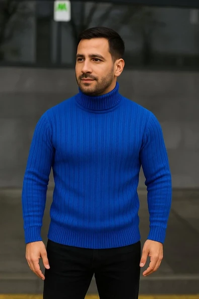 Erkek Balıkcı Yaka Bağazlı Triko Kazak Pamuklu Kalın Fitilli Dokuma, Regular Fit Uzun Kollu Kışlık Model - Saks Mavisi ürün görseli 1