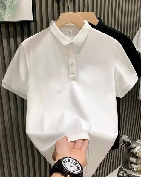 Erkek Yakası Düğmeli Yakalı Pike Düz T-shirt - Beyaz ürün görseli 1