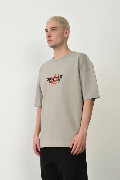 Erkek Baskılı T-shirt Kısa Kol Bisiklet Yaka Rahat Kalıp Tişört  - Boyalı Gri ürün görseli 1