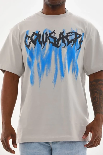 Erkek Baskılı T-shirt Kısa Kol Bisiklet Yaka Rahat Kalıp Tişört  - Gri ürün görseli 1
